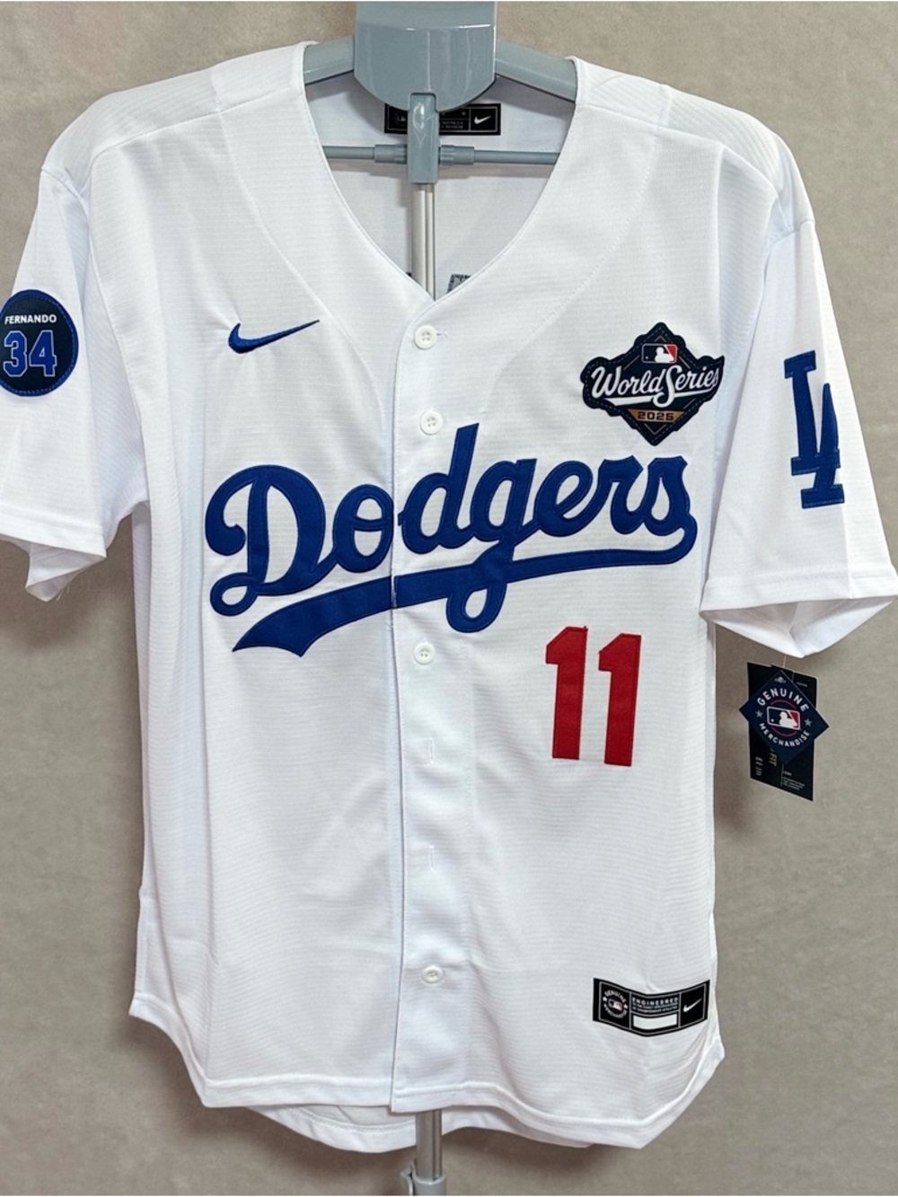 Nike White Dodgers Jersey with Blue Script and Red Number 11 R SASAKI